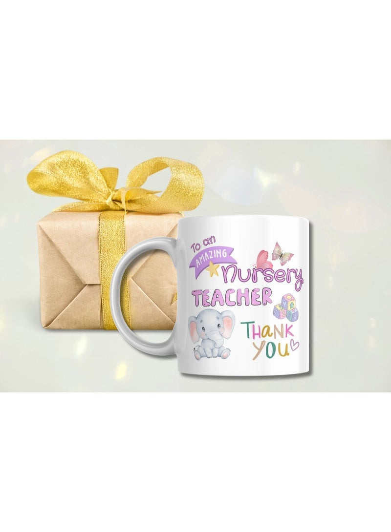 SiestaSafari Thank You Nursery Teacher Mug, Elephant with Butterfly and Dice Design by SiestaSafari, Gift for Nursery Teacher, End of Year, Teacher's Day, Teacher's Birthday, Teaching Colleague, Nursery Staff - Image 3